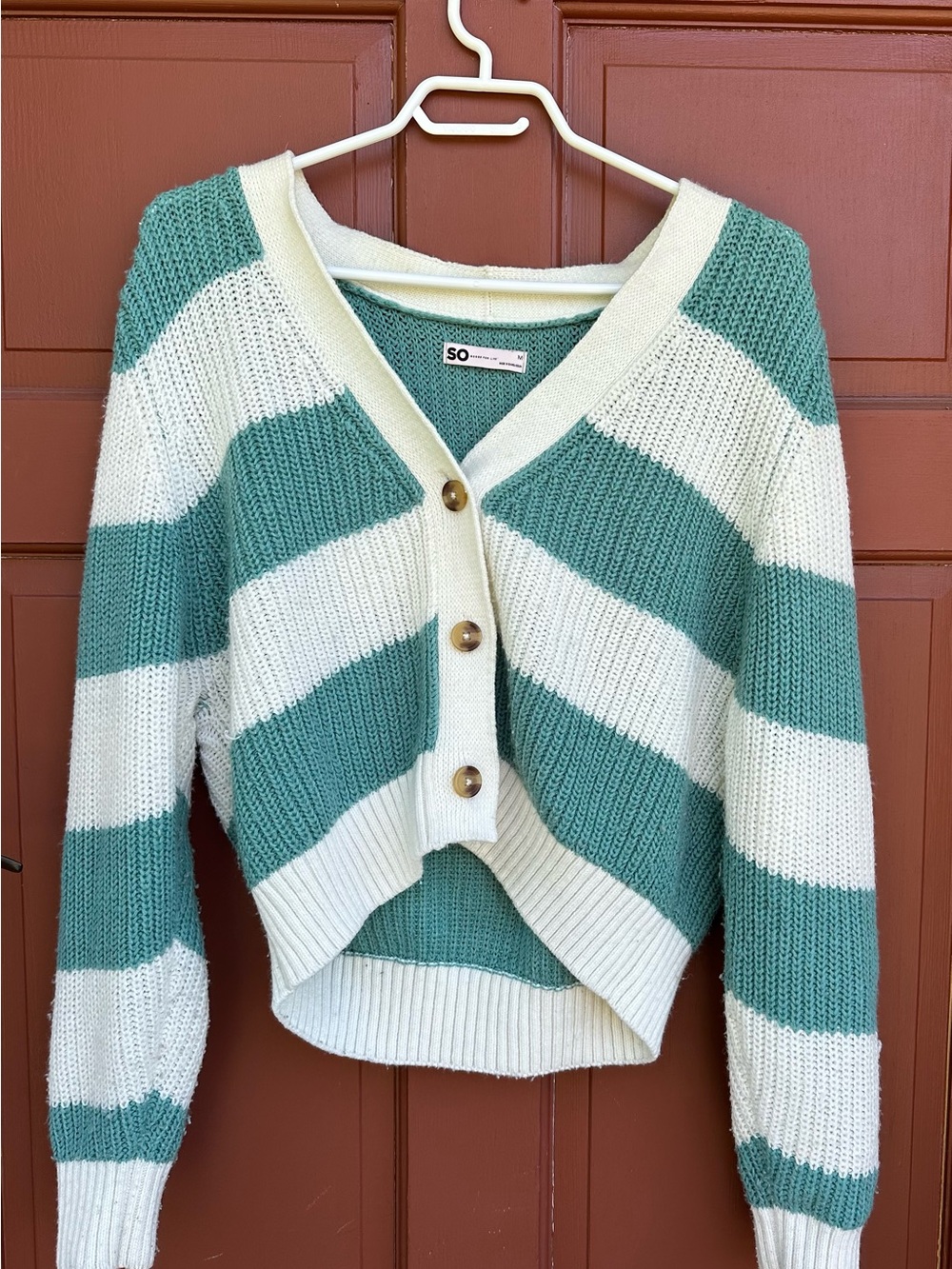 SO Striped Cropped V-Neck Button Cardigan — Teal & Cream